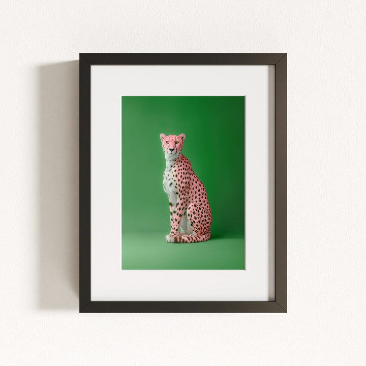Portrait of a Pink Cheetah on Green Wall Art Print