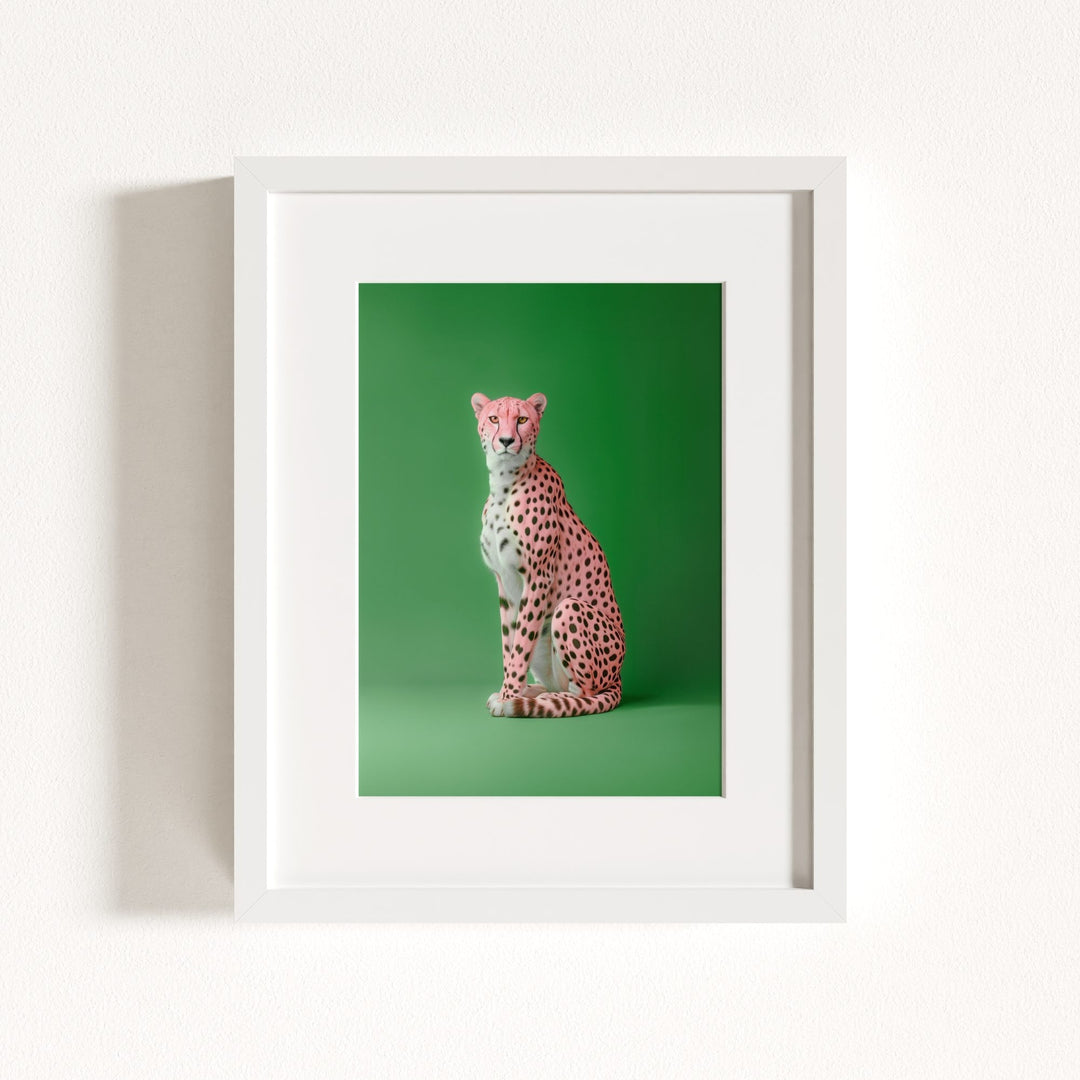 Portrait of a Pink Cheetah on Green Wall Art Print