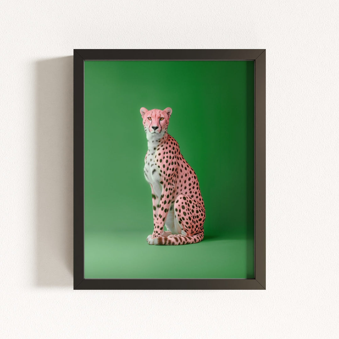 Portrait of a Pink Cheetah on Green Wall Art Print