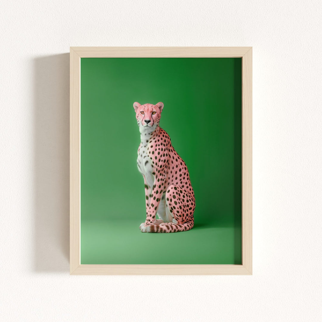 Portrait of a Pink Cheetah on Green Wall Art Print