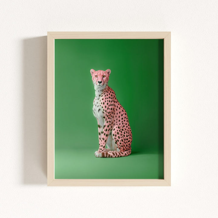 Portrait of a Pink Cheetah on Green Wall Art Print