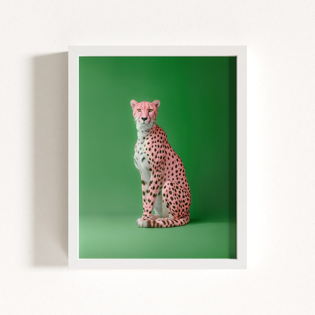 Portrait of a Pink Cheetah on Green Wall Art Print