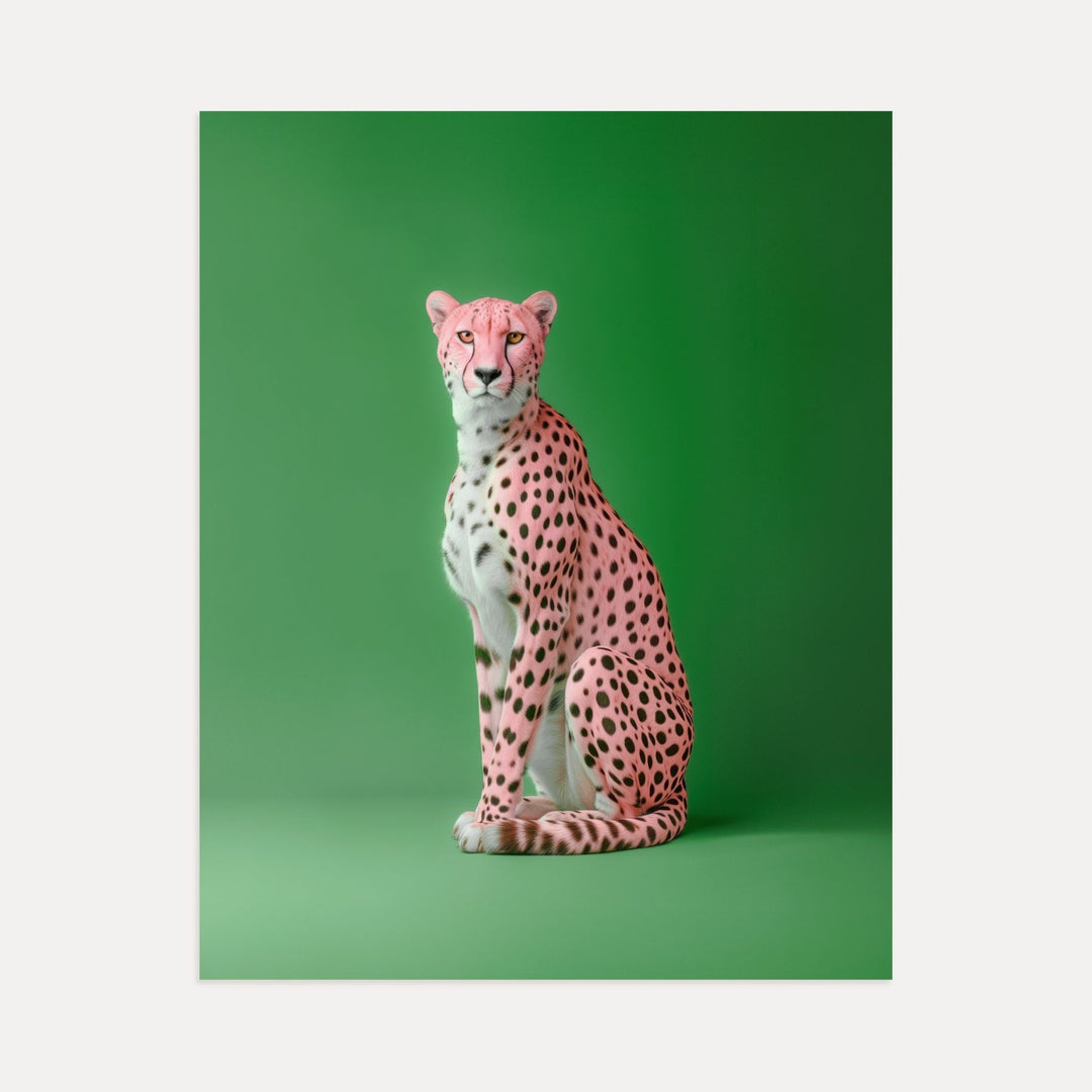 Portrait of a Pink Cheetah on Green Wall Art Print
