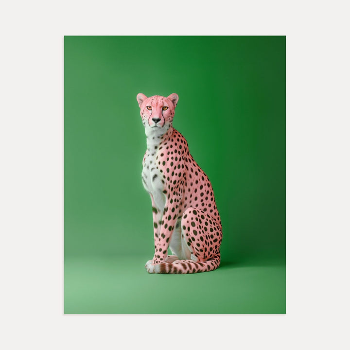 Portrait of a Pink Cheetah on Green Wall Art Print