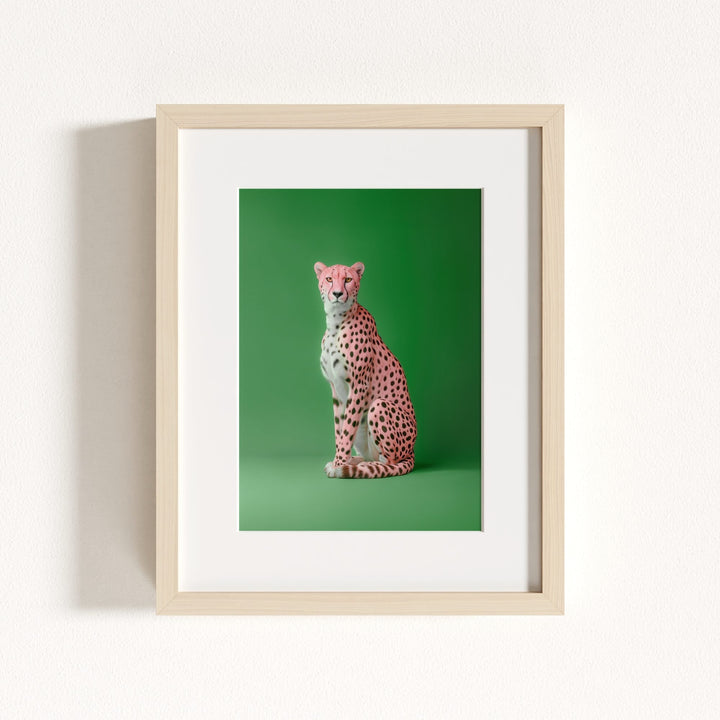 Portrait of a Pink Cheetah on Green Wall Art Print