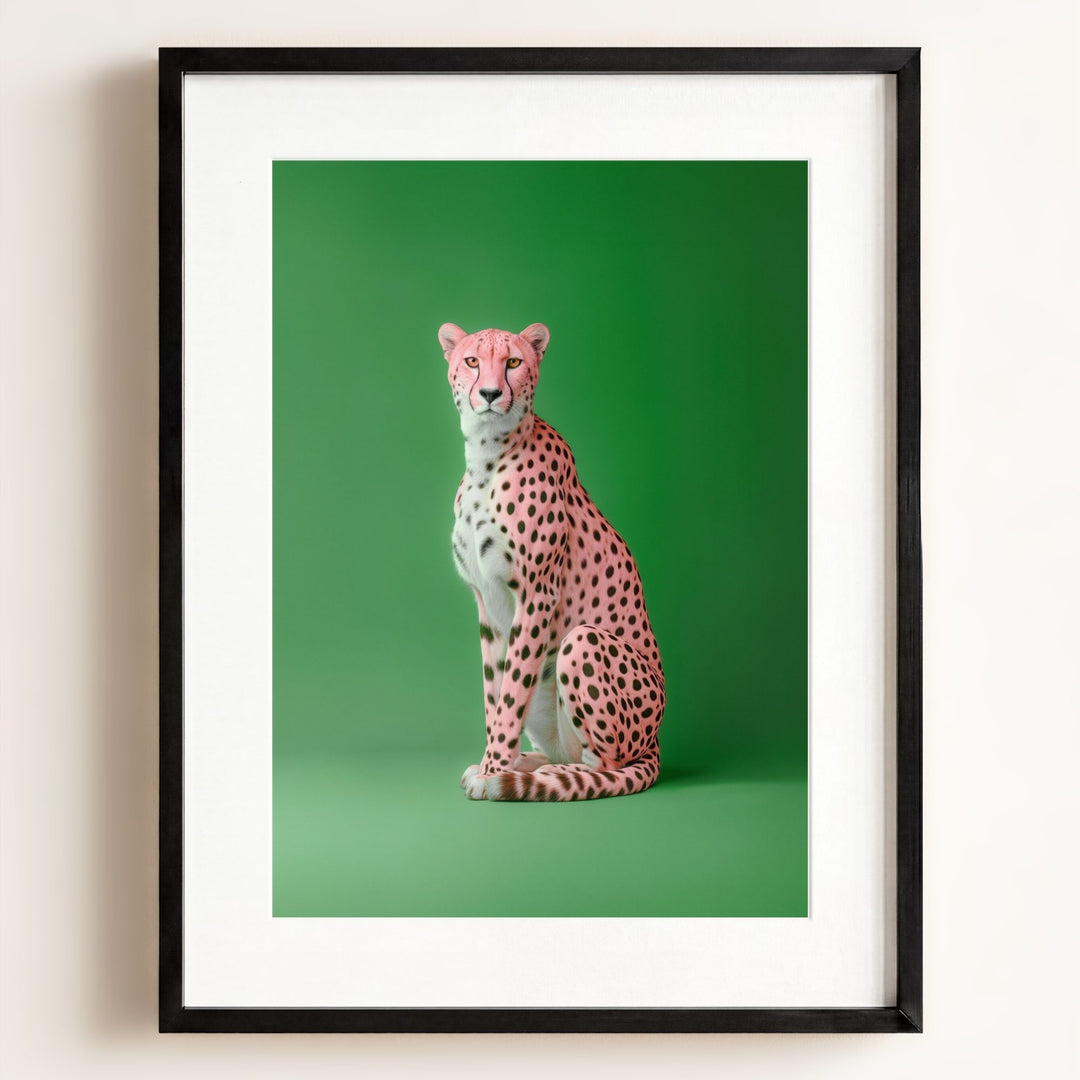 Portrait of a Pink Cheetah on Green Wall Art Print