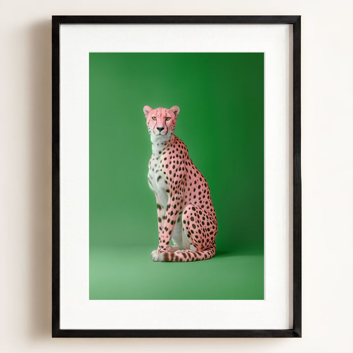 Portrait of a Pink Cheetah on Green Wall Art Print