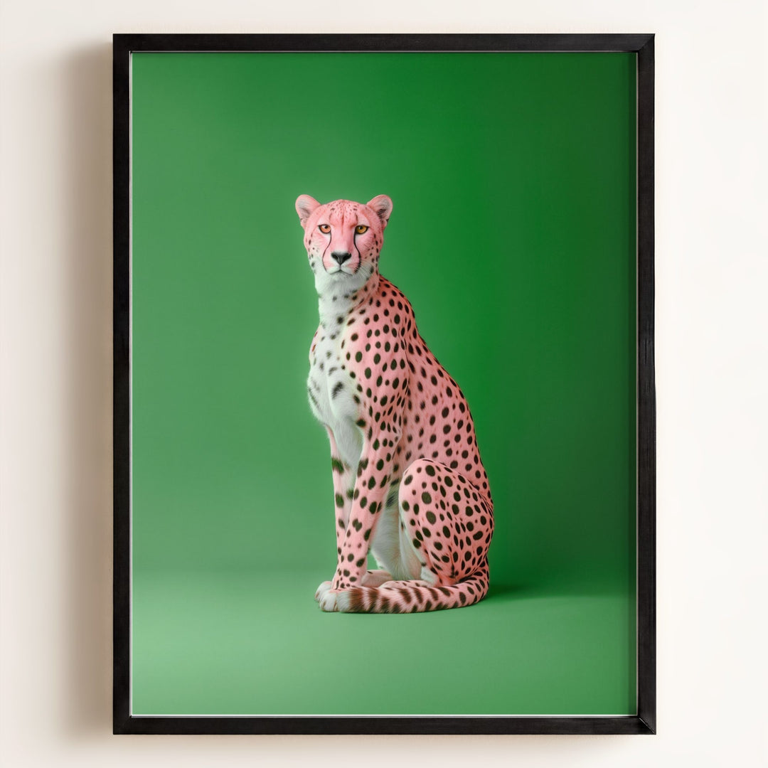 Portrait of a Pink Cheetah on Green Wall Art Print
