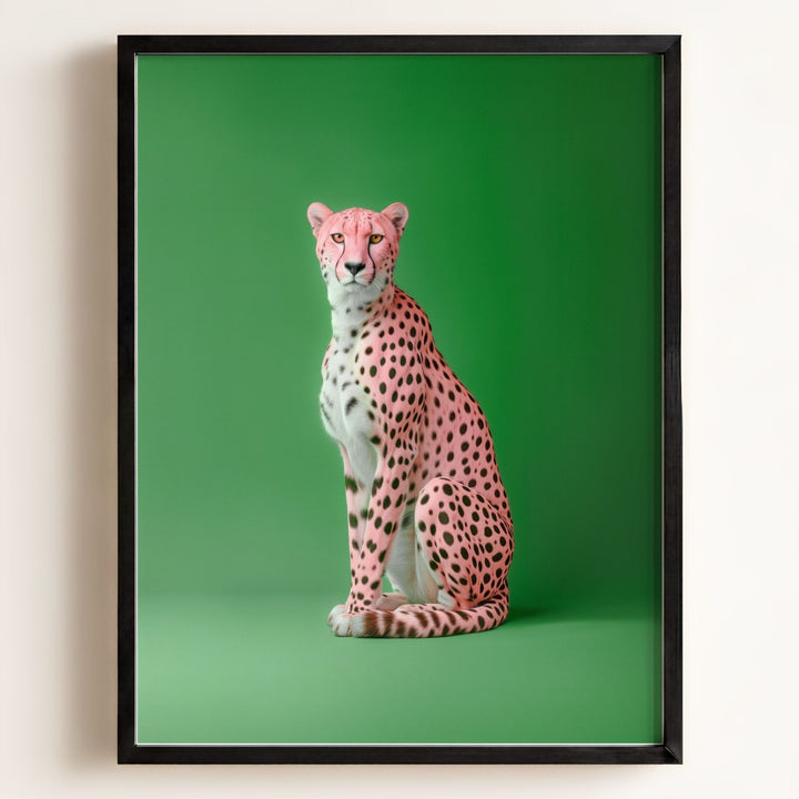 Portrait of a Pink Cheetah on Green Wall Art Print