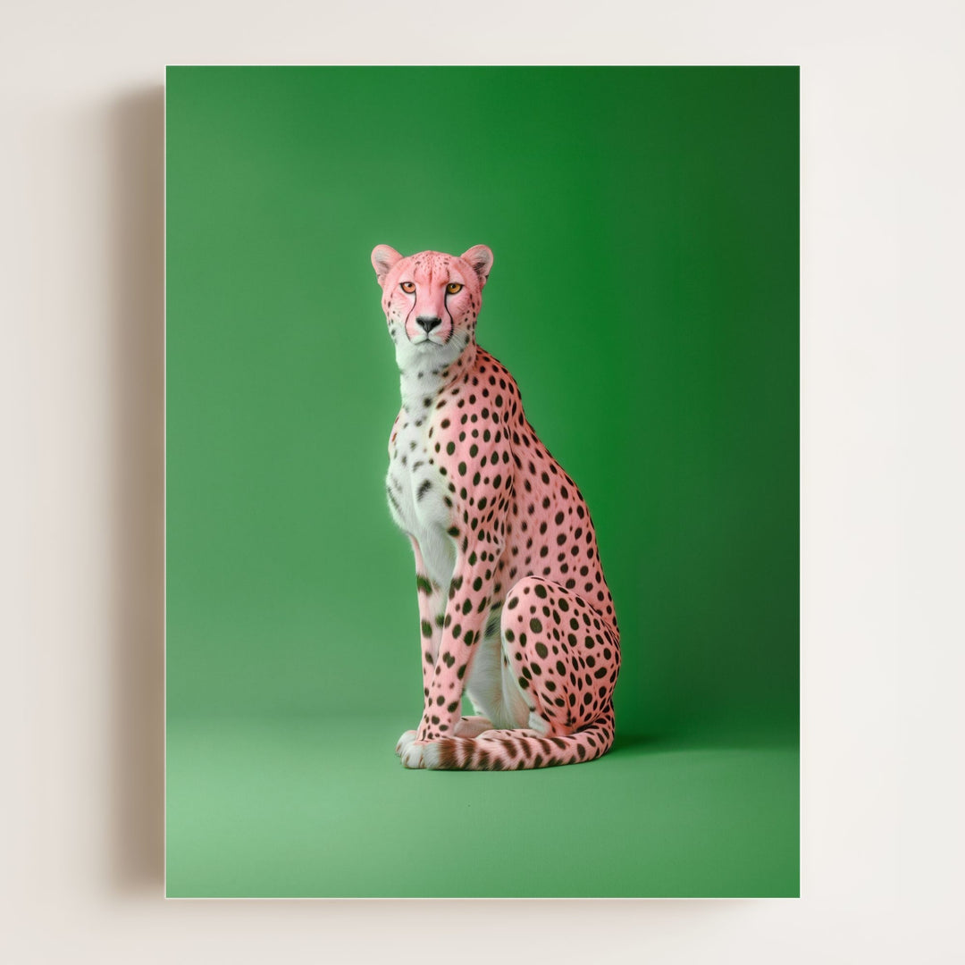 Portrait of a Pink Cheetah on Green Wall Art Print