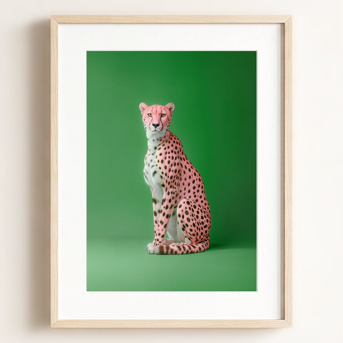 Portrait of a Pink Cheetah on Green Wall Art Print