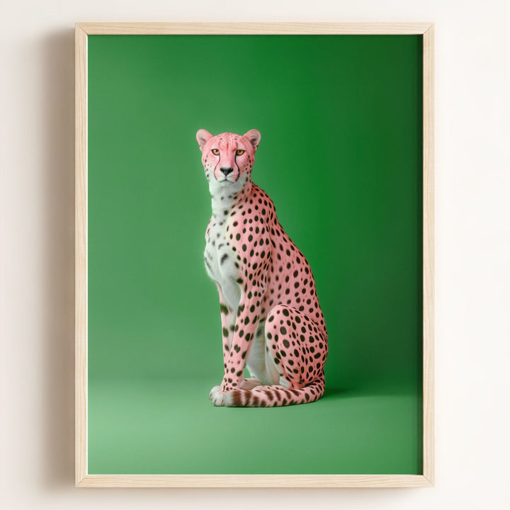 Portrait of a Pink Cheetah on Green Wall Art Print