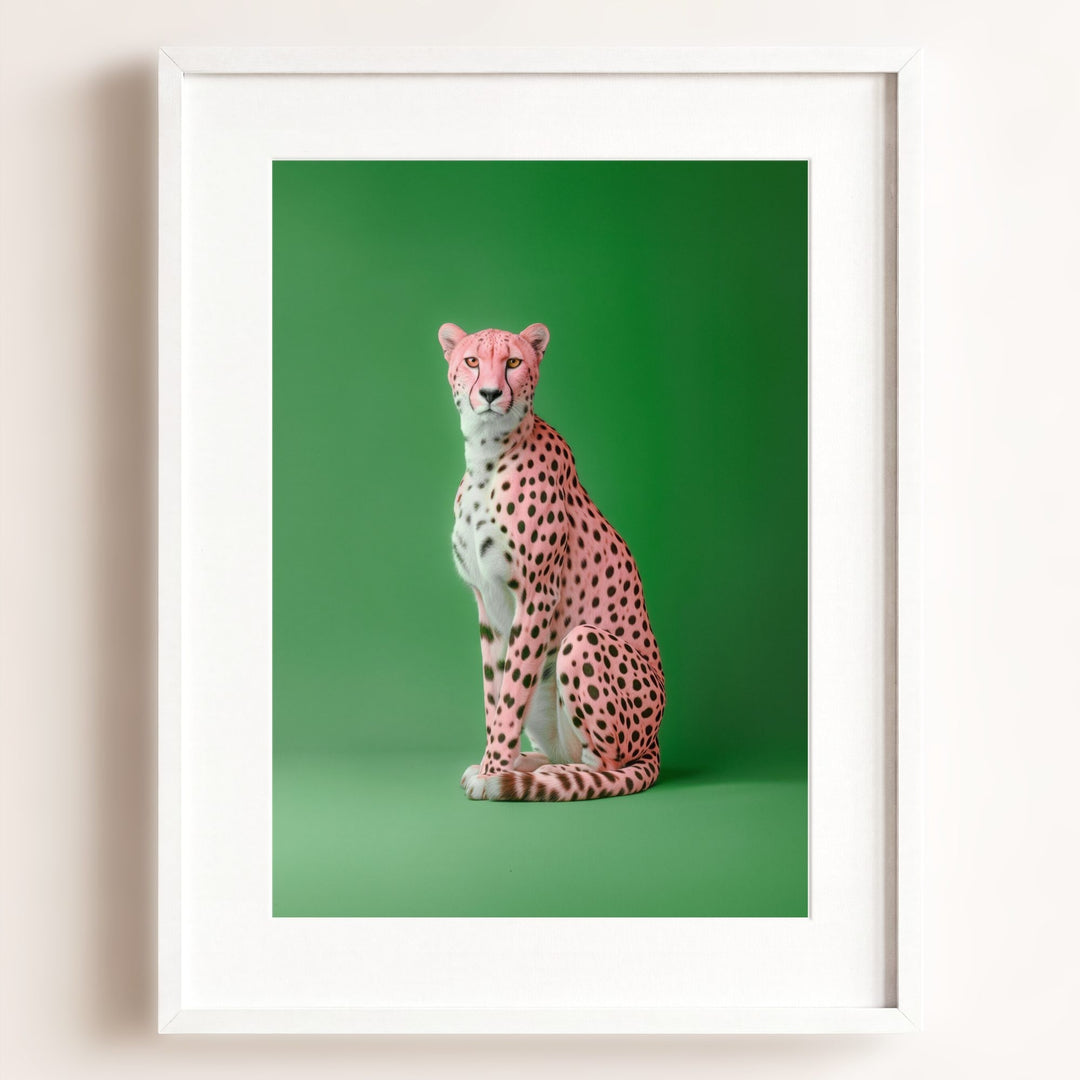 Portrait of a Pink Cheetah on Green Wall Art Print