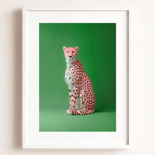 Portrait of a Pink Cheetah on Green Wall Art Print — Framed