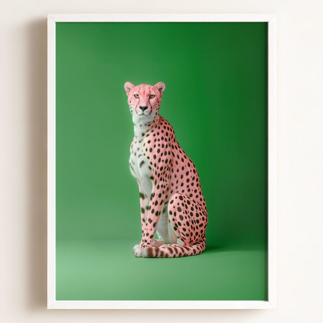 Portrait of a Pink Cheetah on Green Wall Art Print
