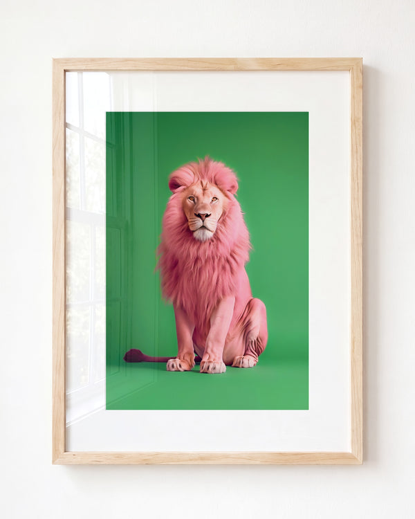 Portrait of a Pink Lion on Green Wall Art Print — Framed