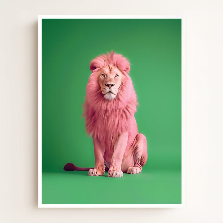 Portrait of a Pink Lion on Green Wall Art Print