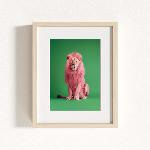 Portrait of a Pink Lion on Green Wall Art Print