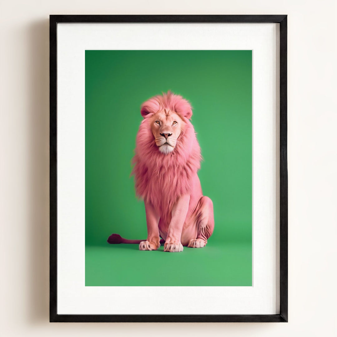 Portrait of a Pink Lion on Green Wall Art Print