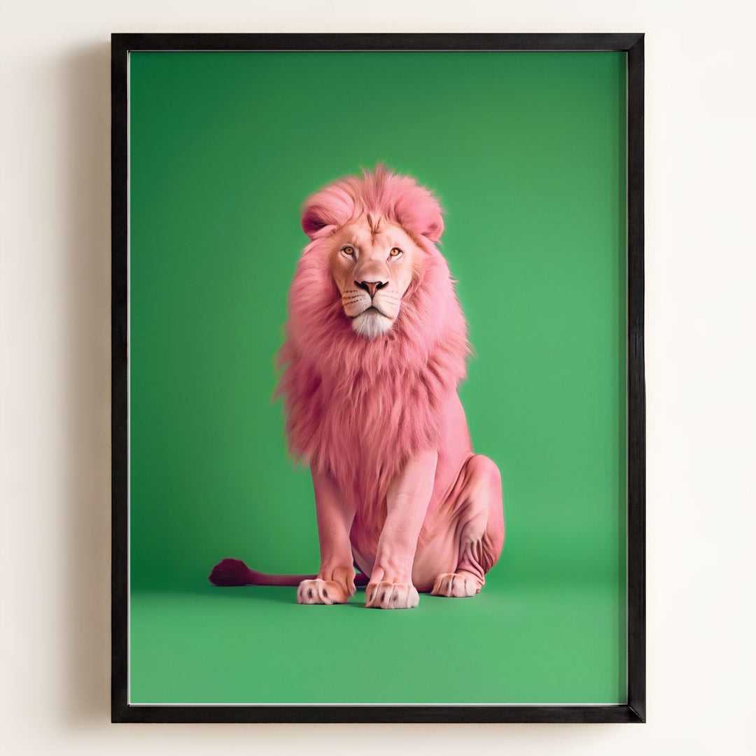 Portrait of a Pink Lion on Green Wall Art Print