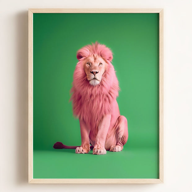 Portrait of a Pink Lion on Green Wall Art Print