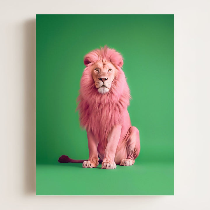 Portrait of a Pink Lion on Green Wall Art Print