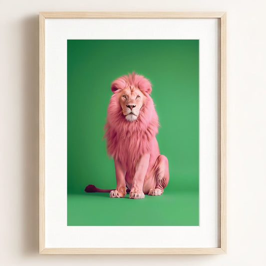 Portrait of a Pink Lion on Green Wall Art Print — Framed