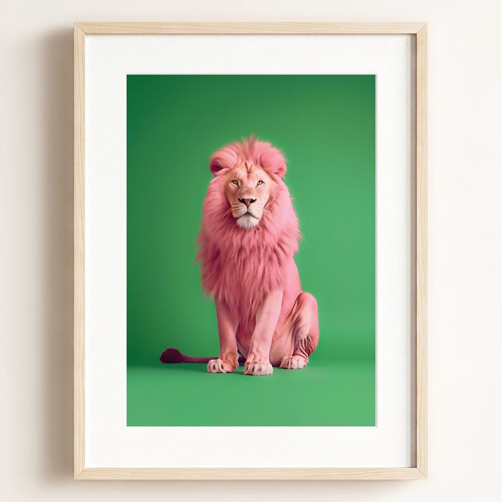 Portrait of a Pink Lion on Green Wall Art Print