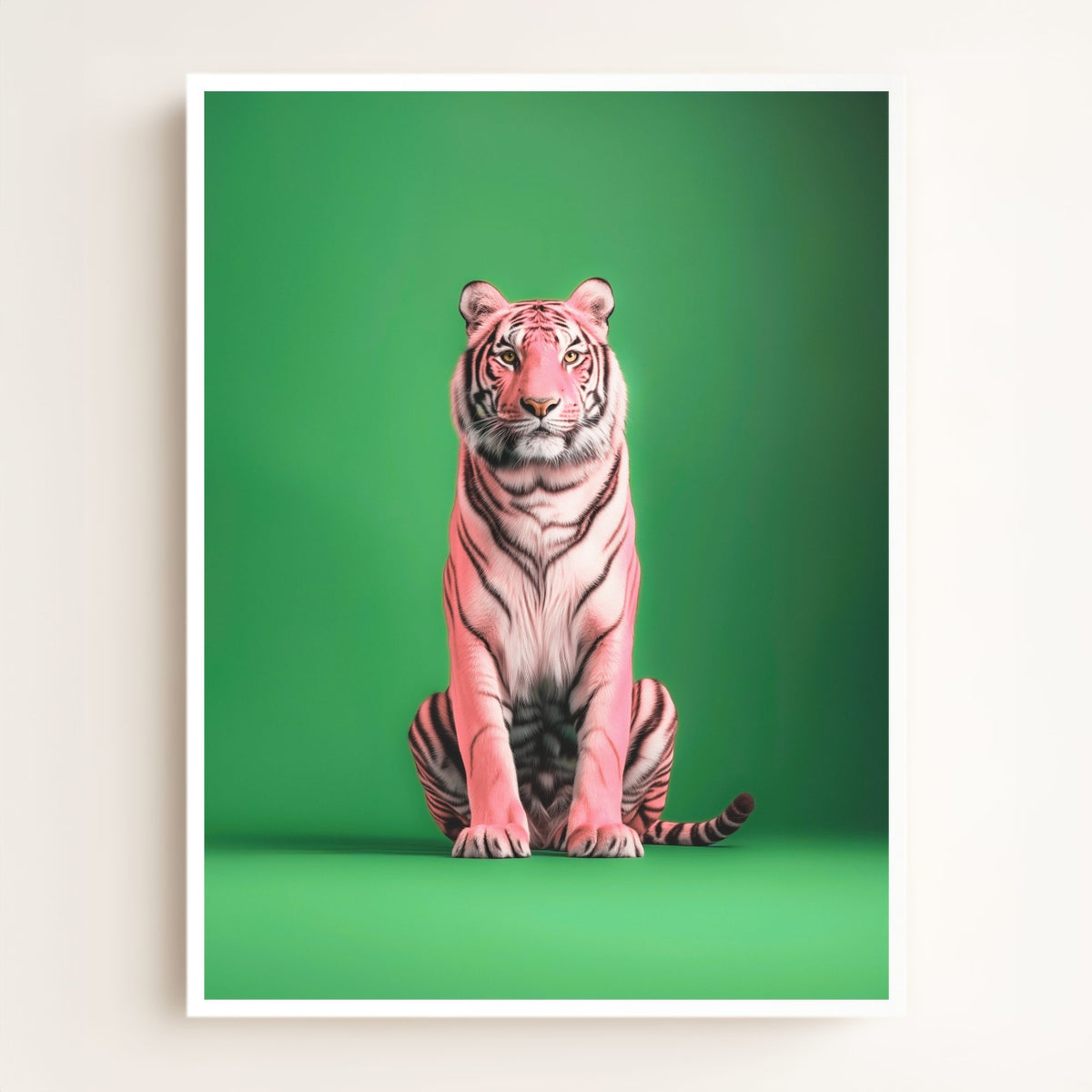 Portrait of a Pink Tiger on Green Wall Art Print