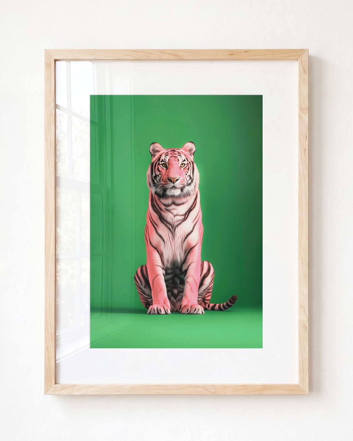 Portrait of a Pink Tiger on Green Wall Art Print