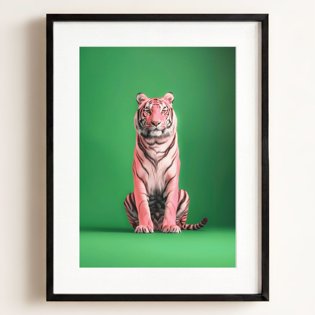 Portrait of a Pink Tiger on Green Wall Art Print