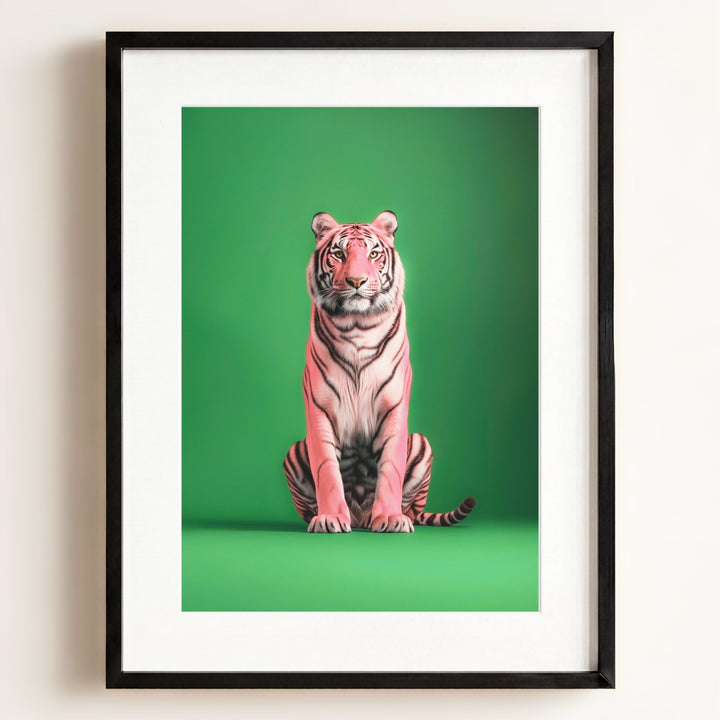 Portrait of a Pink Tiger on Green Wall Art Print
