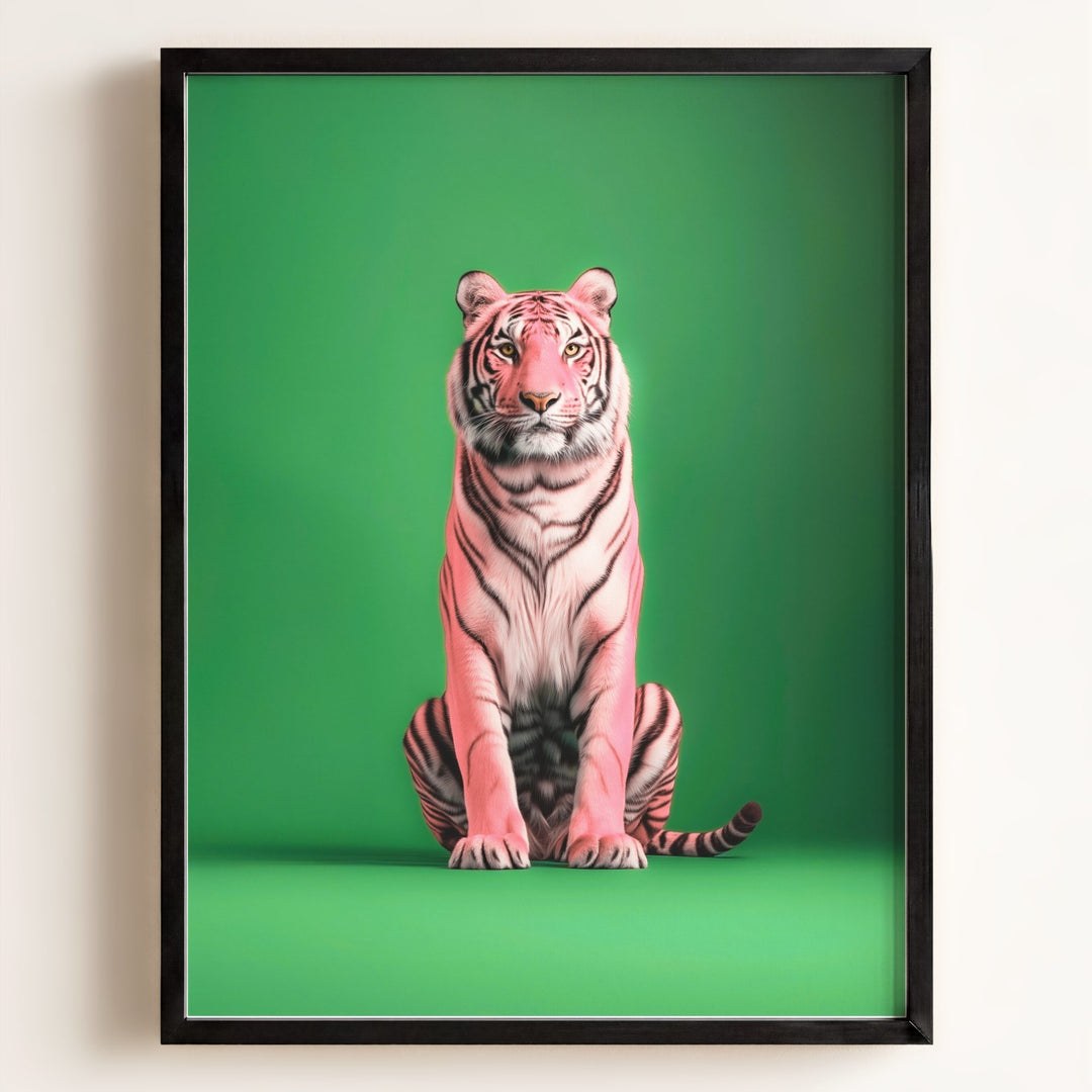 Portrait of a Pink Tiger on Green Wall Art Print
