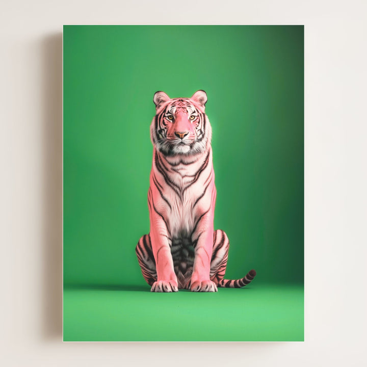 Portrait of a Pink Tiger on Green Wall Art Print