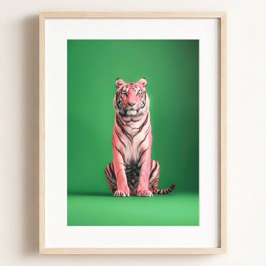 Portrait of a Pink Tiger on Green Wall Art Print — Framed