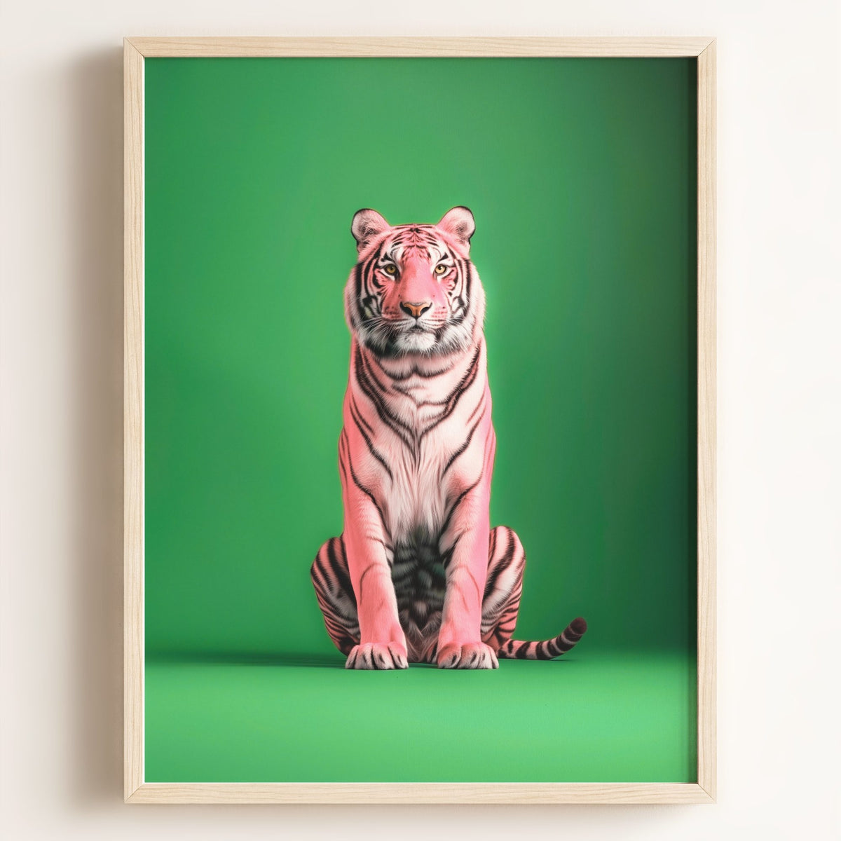 Portrait of a Pink Tiger on Green Wall Art Print — Framed