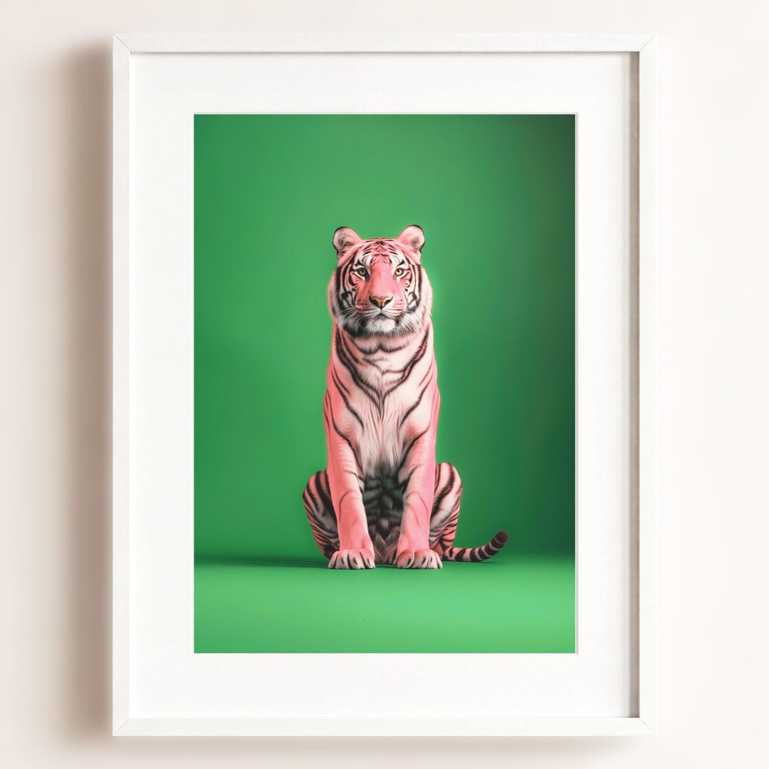 Portrait of a Pink Tiger on Green Wall Art Print