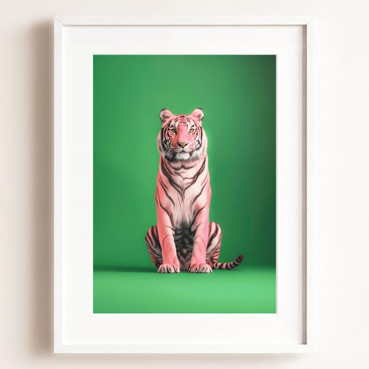 Portrait of a Pink Tiger on Green Wall Art Print — Framed