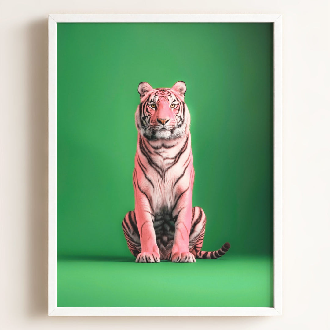 Portrait of a Pink Tiger on Green Wall Art Print