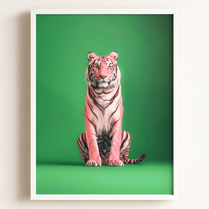Portrait of a Pink Tiger on Green Wall Art Print