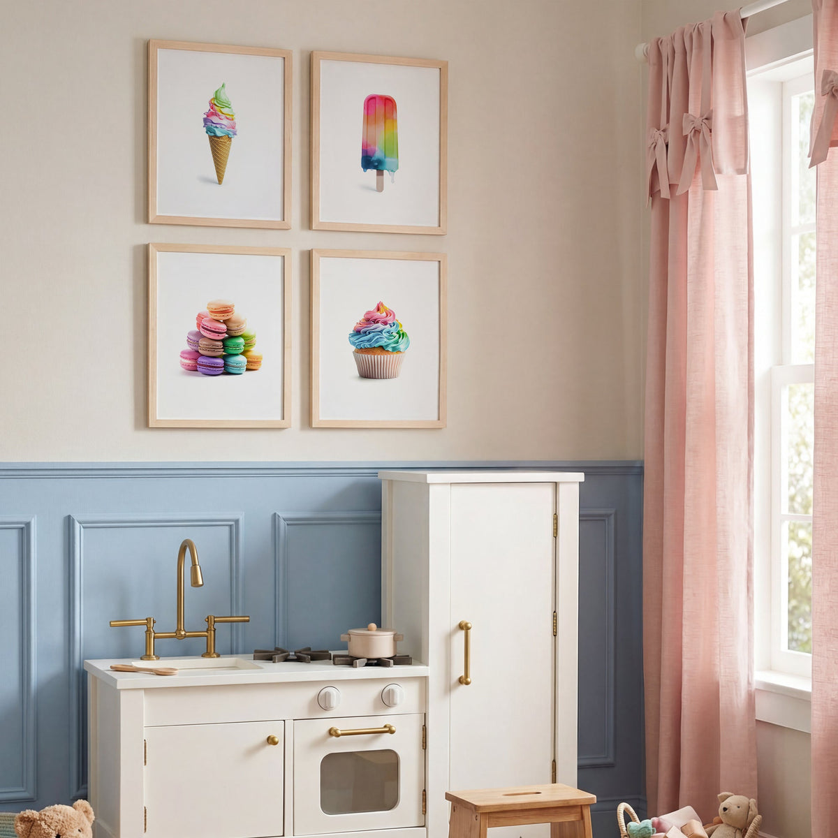 Children's play kitchen set with toys and colorful decor in a room. The Crown Prints