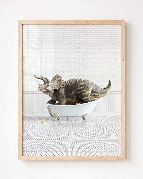 Triceratops in Blue Bathtub - Framed Art