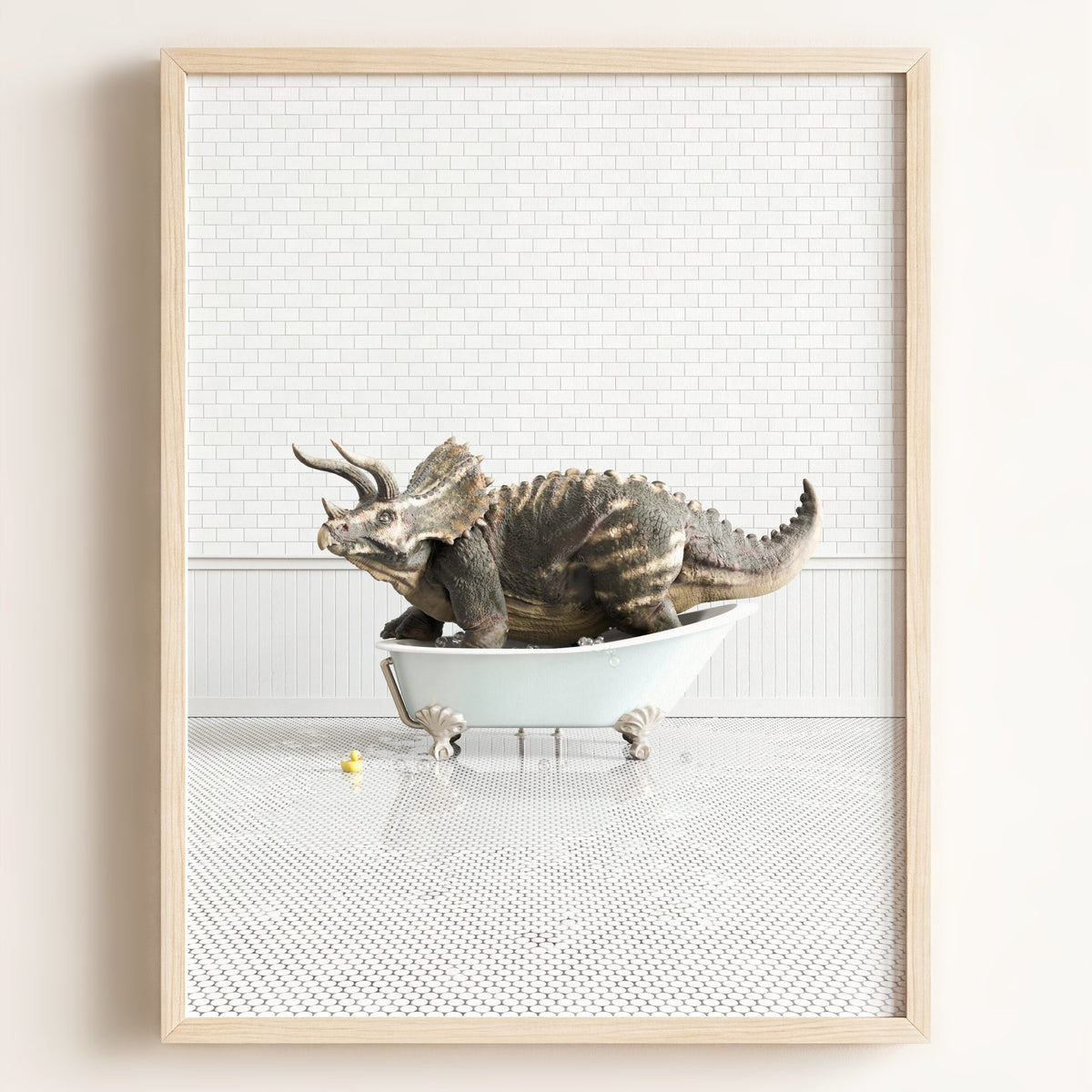 Triceratops in Blue Bathtub - Framed Art