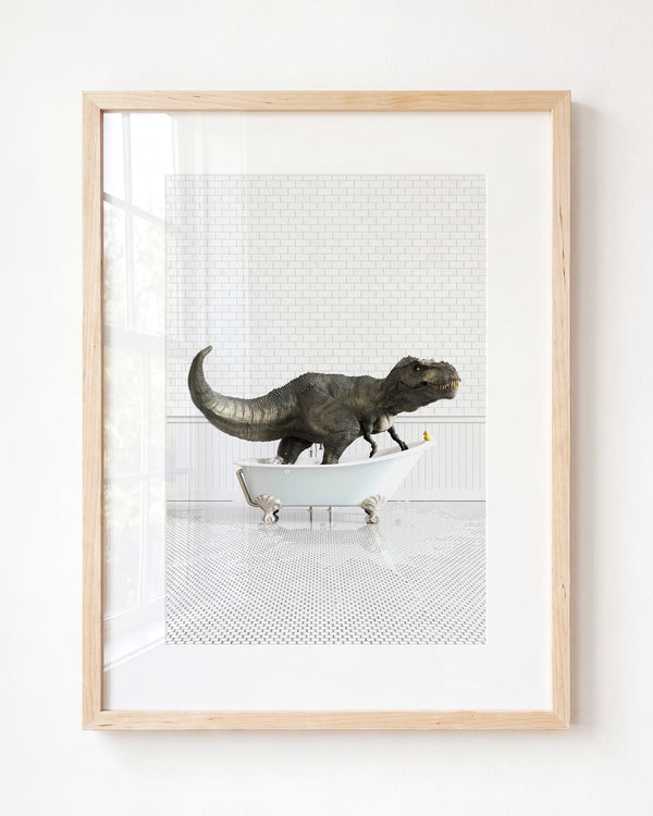 Tyrannosaurus Rex in Blue Bathtub - Framed Art