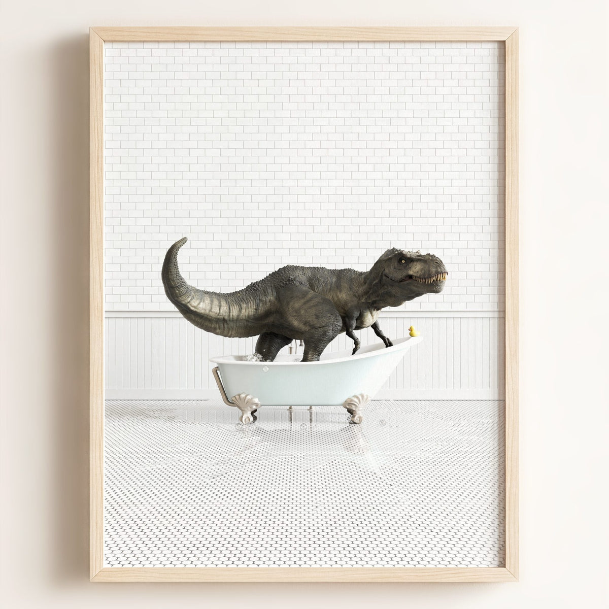 Tyrannosaurus Rex in Blue Bathtub - Framed Art
