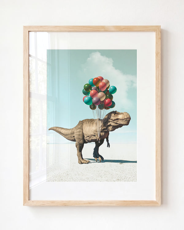 Tyrannosaurus Rex with Balloons Art Print - Framed Art