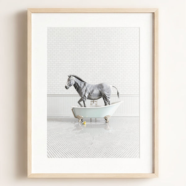 Zebra in Blue Bathtub - Framed Art