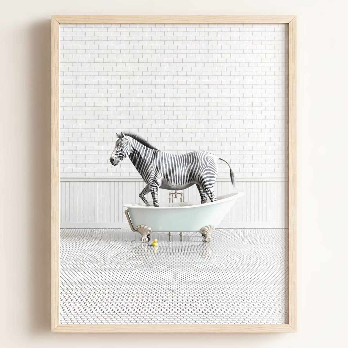 Zebra in Blue Bathtub — Framed
