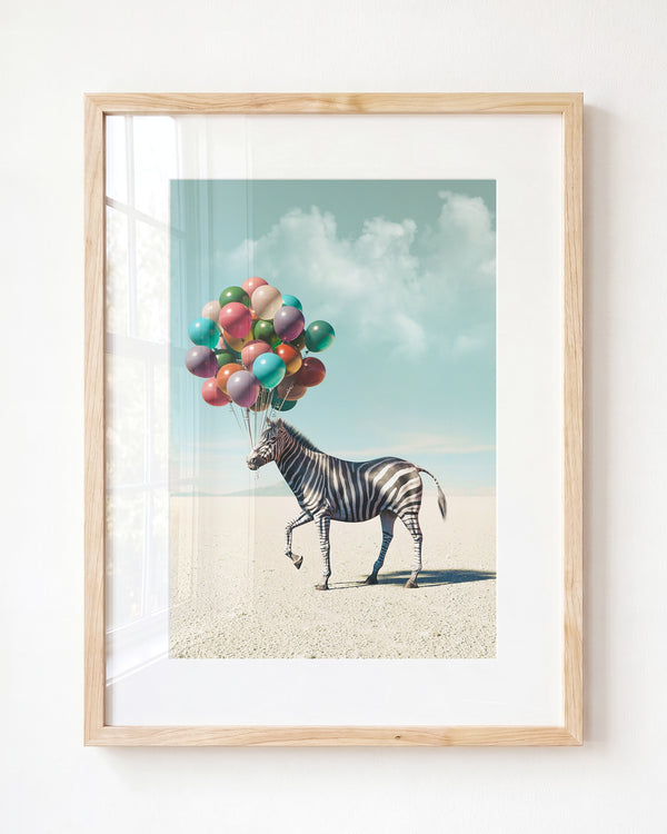 Zebra with Balloons Art Print - Framed Art