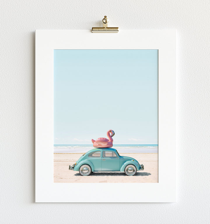A Beetle and a Flamingo at the Beach